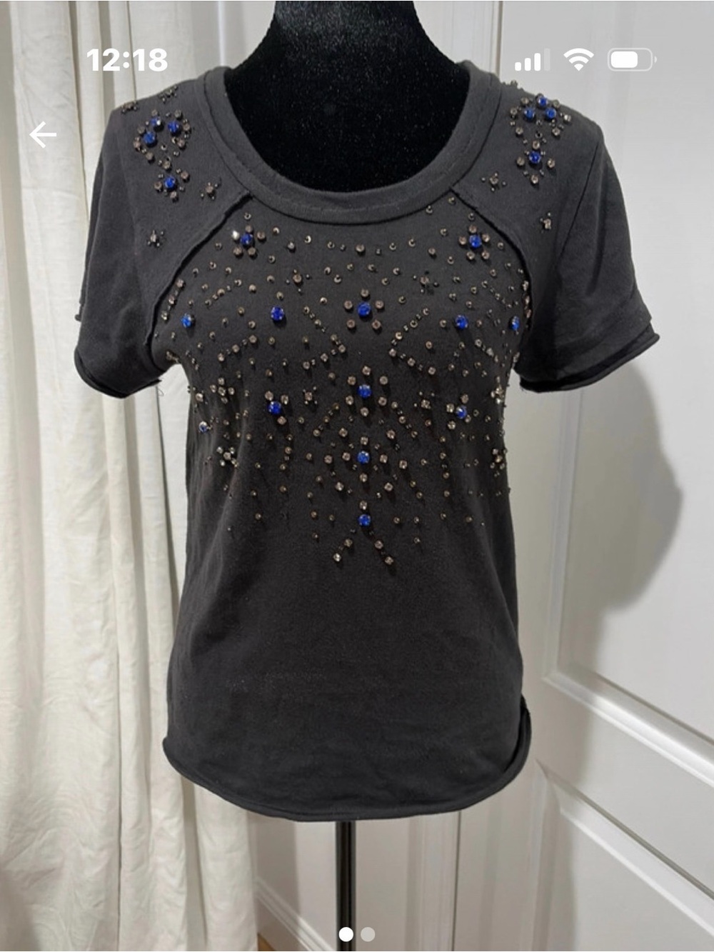 Free People Black Short-Sleeve Embellished Tee with Blue Stones
